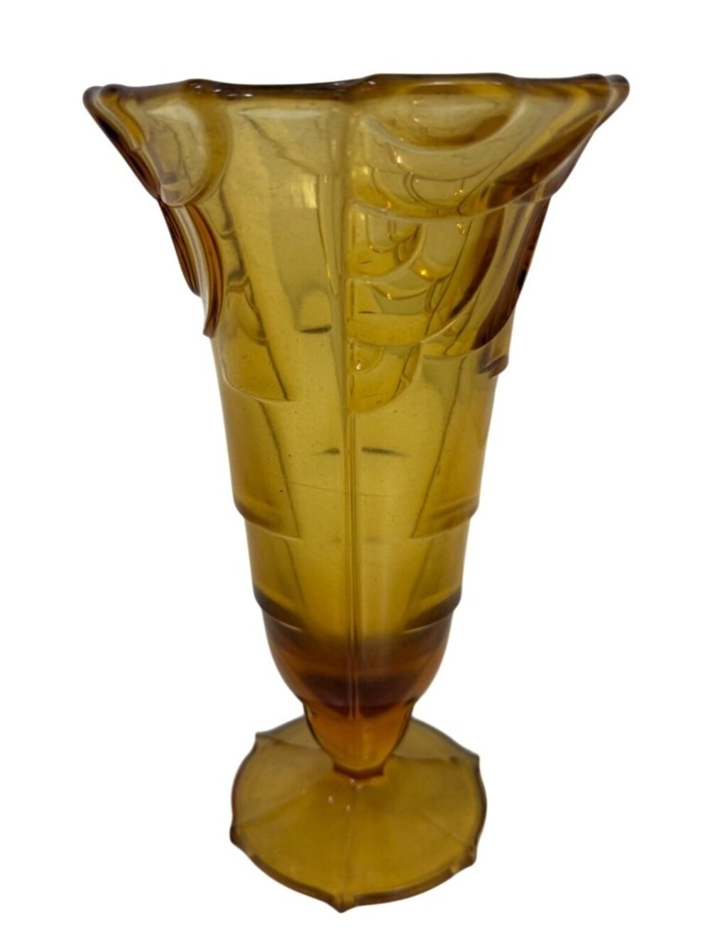 Vintage Amber Art Deco Glass Vase With Scalloped Rim And Geometric Design 7.5"